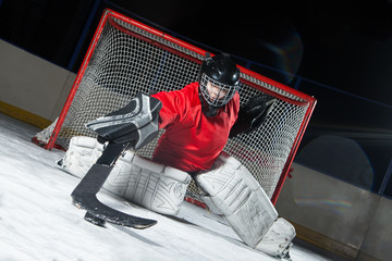 Goalie blocking a puck with stick
