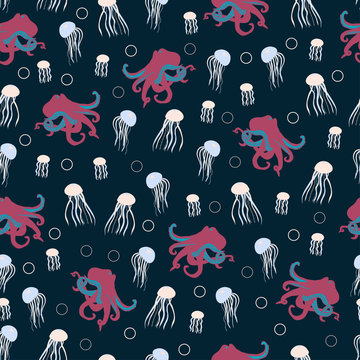 Seamless pattern with tender jelly-fish and octopuses on dark blue background. 