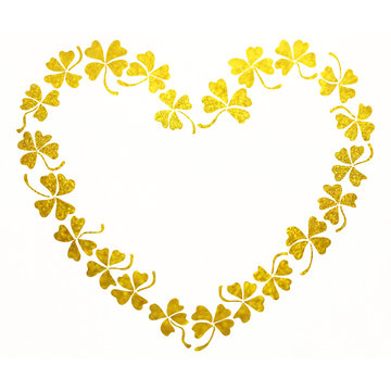 Doodle golden clover shamrock heart line art isolated