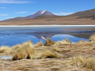Mountains mirroring in a shallow lake. Bolivia, the Eduardo Avaroa National Reserve