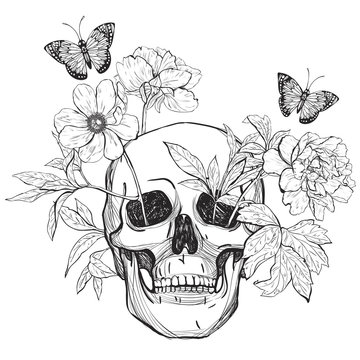 Skull, flowers and butterfly.