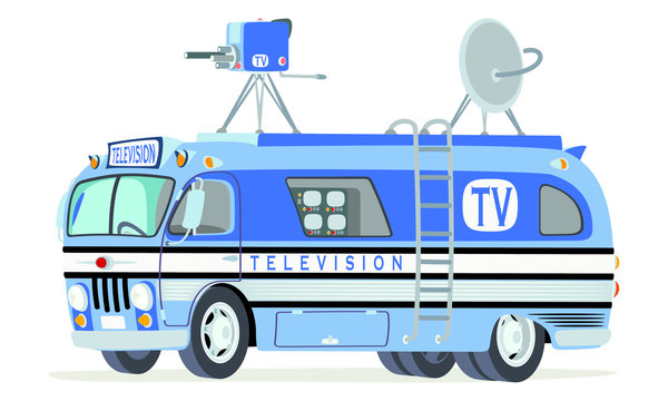Caricatura unidad m&oacute;vil de televisi&oacute;n antigua azul vista frontal y lateral