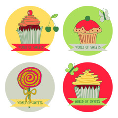 Set of 4 spot graphics elements with sweet cupcakes. 