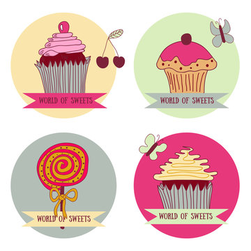 Set of 4 spot graphics elements with sweet cupcakes. 