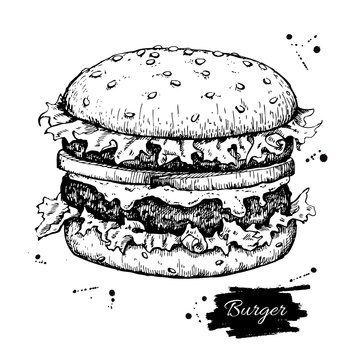 Vector vintage burger drawing. Hand drawn monochrome fast food i