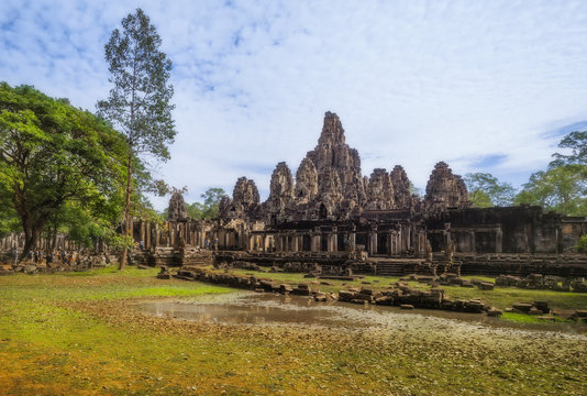 SIEM REAP, CAMBODIA. The Bayon is a well-known and richly decorated Khmer temple at Angkor Thom in Cambodia.