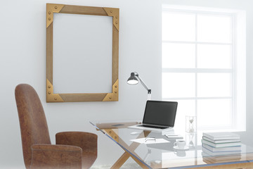 Steampunk wooden picture frame in modern light office room with