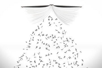 Letters pour out from the opened book at white background
