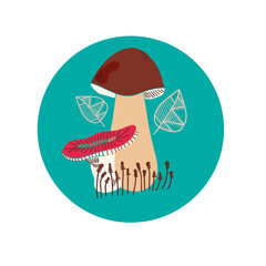 Spot graphics element with mushroom and leaves. 