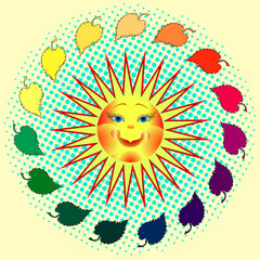 Fun sun with colorful leaves/ on a background of blue halftone.