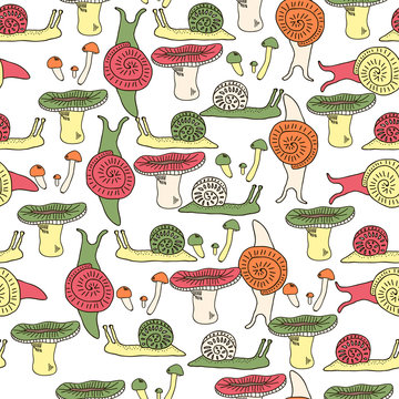 Seamless pattern with snails and mushrooms.