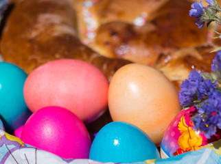 Easter celebration cake and decorated eggs