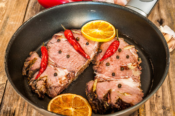 Roast bees steak in frying pan