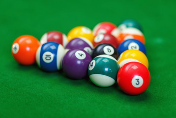 Billiard balls in a green pool table
