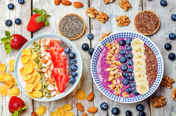 Blueberries and strawberries healthy smoothies breakfast bowls w