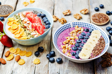 Blueberries and strawberries healthy smoothies breakfast bowls w