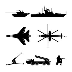 Fototapeta na wymiar Black silhouettes of military equipment for the tactical map