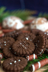 Sweet chocolate biscuits, cookies lot to the table. Chocolate rolls with white stripes. Very tasty and sweet.