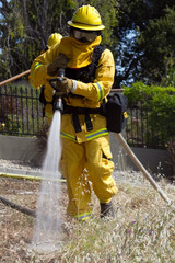 Naklejka premium Wildland Firefighter fighting grass fire