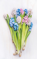 Bunch of fresh colorful hyacinths flowers, top view. Spring flowers