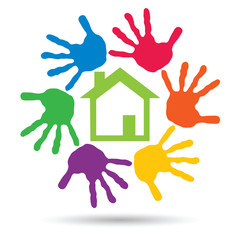 Vector concept circle of hands, green house symbol