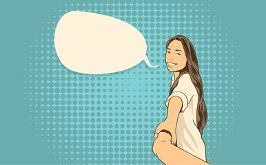 Asian Woman Chat Bubble Follow Me Holding Man Hand Smile Pop Art