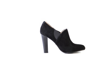 Suede women's boots on a white background, black shoes, autumn and winter, side view