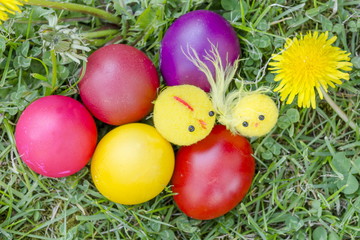 Homemade colorful Easter eggs on the grass