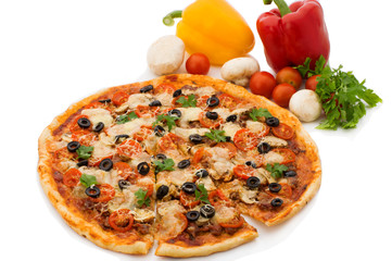 Pizza with ham, pepper and olives