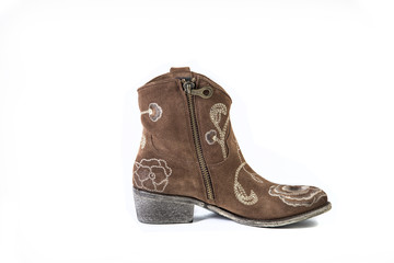 women's shoes on a white background, brown shoes, suede boots Spring