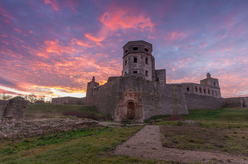 Ruins of baroque castle Krzyztopor in Ujazd, Poland during colorful sunrise