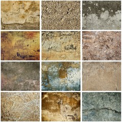 Collection of twelve images with vintage grunge texture of old weathered dirty wall