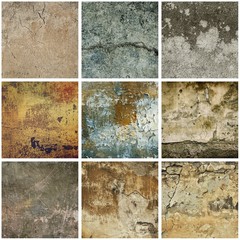 Collection of nine images with vintage grunge texture of old weathered dirty wall