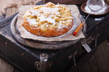 Apple cake on a vintage suitcase in powdered sugar.selective focus.