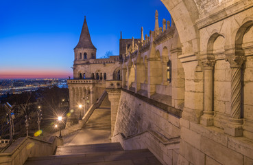 Fototapeta na wymiar North Gate of Fisherman's Bastion in Budapest, Hungary Illuminated at Dawn
