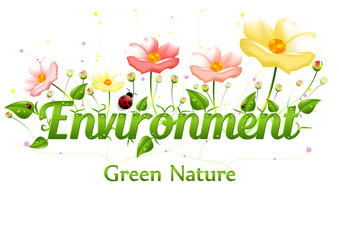 Spring card symbolizing green nature. Word Environment in nature style with spring flowers, green leaves with dew drops and ladybugs. Spring card. Nature logo isolated on white