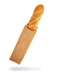 Fresh Baguette in a paper bag, over the white background.