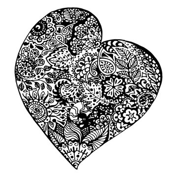 Zentangle doodle black heart ink hand drawn vector isolated