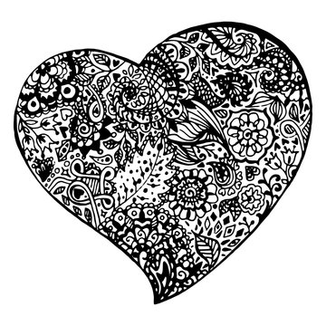 Zentangle doodle black heart ink hand drawn vector isolated