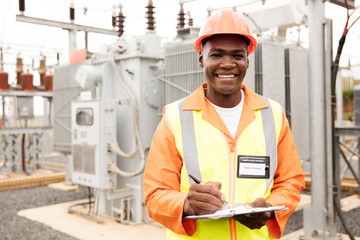 Fototapeta na wymiar african american electricity company worker