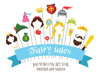Prince and Princess Party set - photobooth props - mustaches, wigs and objects - vector © jennylipmic