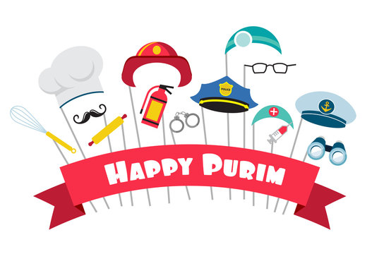 design for Jewish holiday Purim with masks and traditional props. Vector illustration