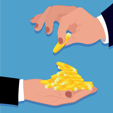 Heap of coins and hands, vector illustration