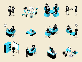 Fototapeta premium beautiful isometric design of set of business people male and female in each situation, business isometric design concept