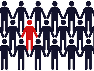 one red colored symbol of a man in a crowd of identic blue figures