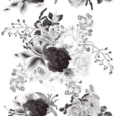 Vector seamless background with roses in monochromic color