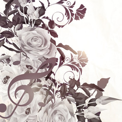 Floral vector background with roses in vintage sepia style