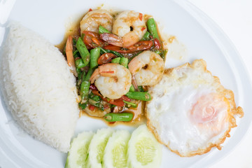 rice and shrimp with Basil and chili sauce and egg