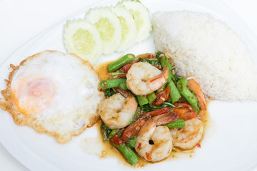 rice and shrimp with Basil and chili sauce and egg