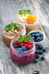 assortment breakfast with fresh berries, fruit and chocolate 